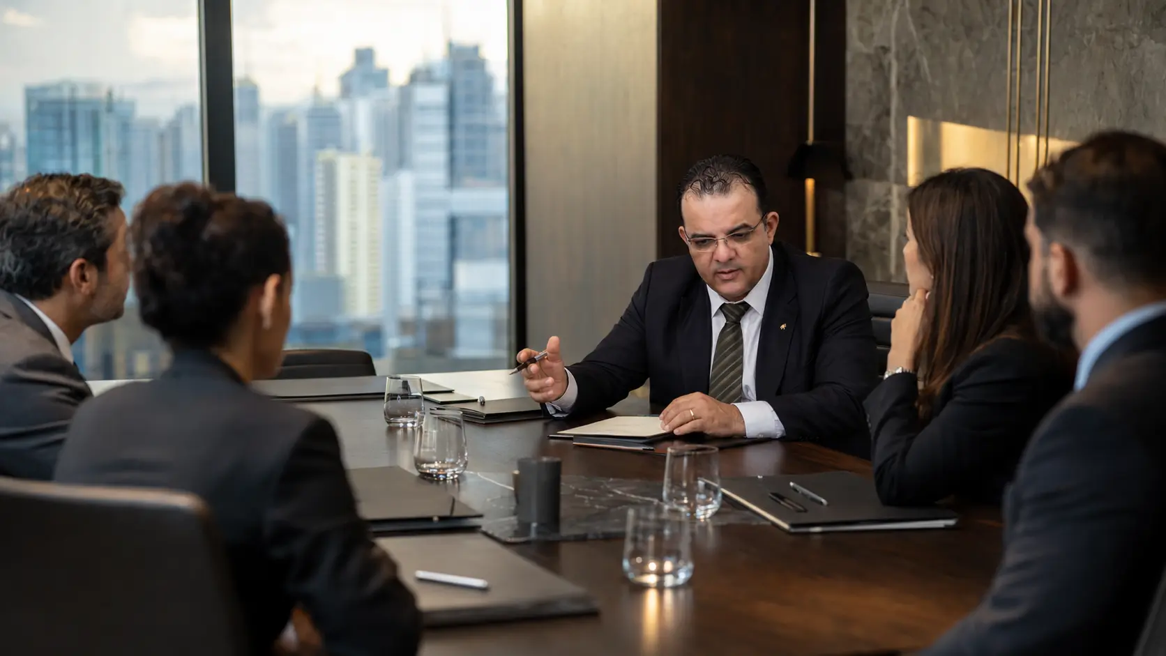 Composição editorial de Wander Barbosa conduzindo reunião estratégica com executivos
